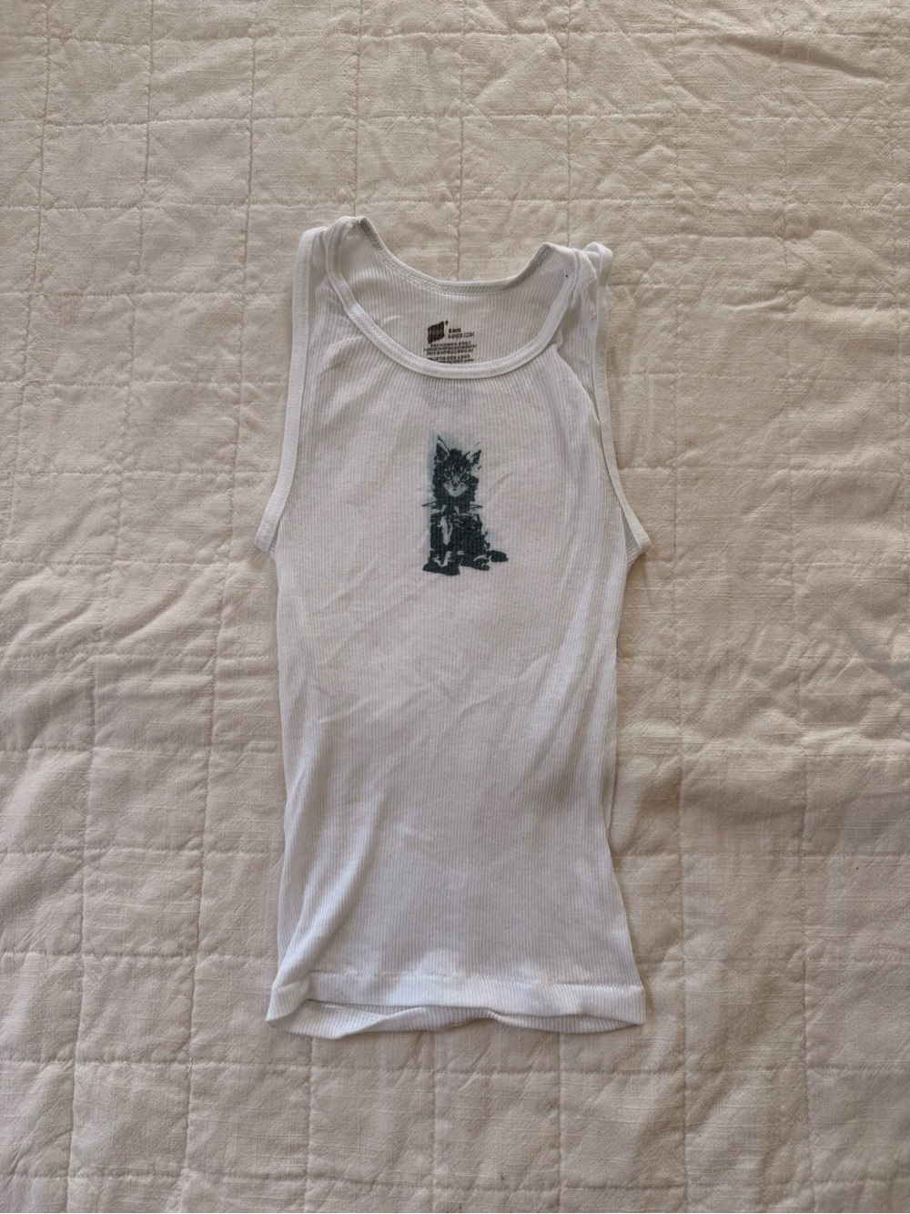 White Ribbed Tank Top with Small Black Cat Graphic